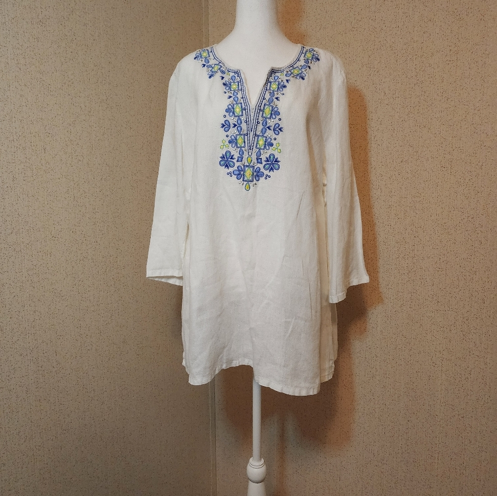 JM Collection Linen Embroidered/Embellished V Neck  XL 3/4 Sleeve Pull Over